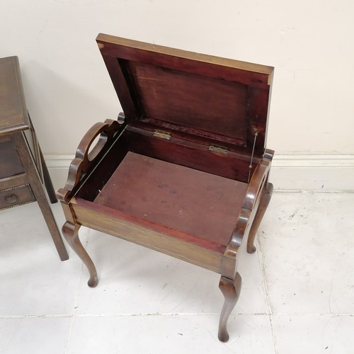 187 - Mahogany Edwardian piano stool with hinged seat/box, ebonised Victorian chair, oak sewing table with... 