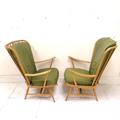 190 - Pair of Mid Century Ercol? armchairs with green upholstered detachable seat and back & webbed seats ... 