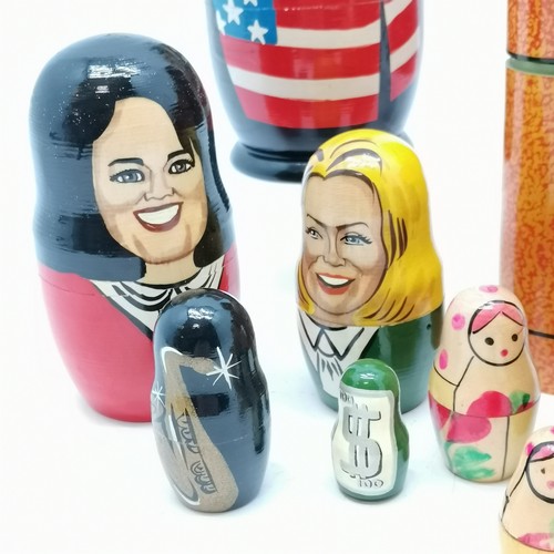 196 - 2 x matryoshka dolls inc novelty USA president etc t/w nesting cylindrical box set (15.5cm high)