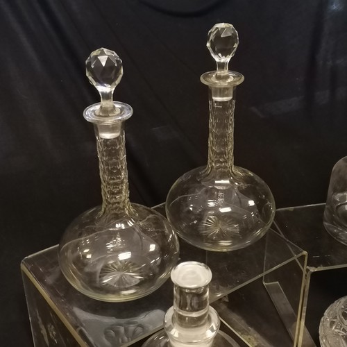 206 - Qty of decanters inc pair of antique globe & shaft (29cm), 3 x Dartington etc