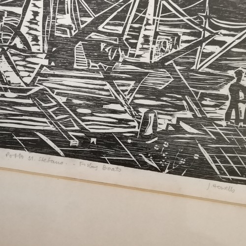 215 - J Howells artists proof linocut print of Porto St Stefano : Fishing boats - frame 32cm x 39.5cm