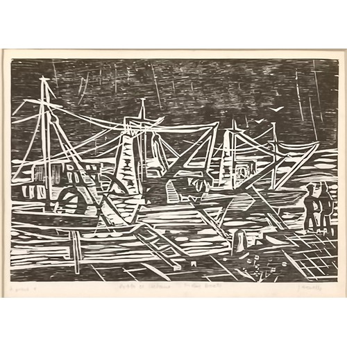 215 - J Howells artists proof linocut print of Porto St Stefano : Fishing boats - frame 32cm x 39.5cm