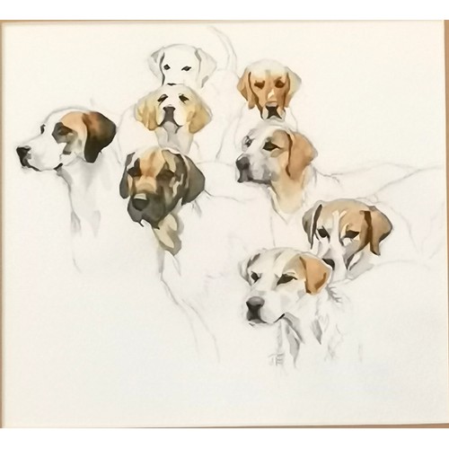 216 - Jennifer Evans original watercolour titled (on reverse) 'Hounds Heads' - frame 33cm x 34cm