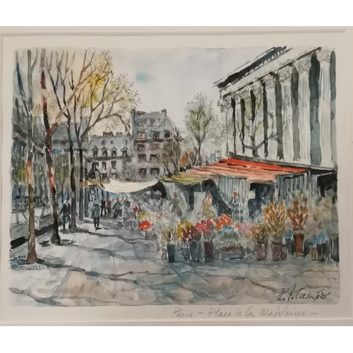 218 - 3 x framed signed watercolour of Paris : Place de la Madeleine, pen and ink sketch signed GAD (frame... 