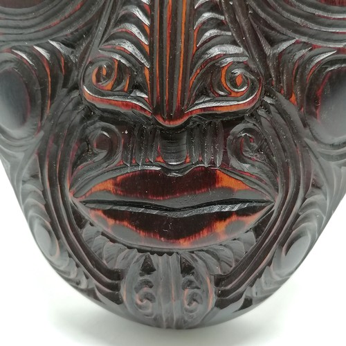 229 - New Zealand Maori carved tōtara wood mask with Tā moko decoration and abalone shell eyes signed BCH ... 