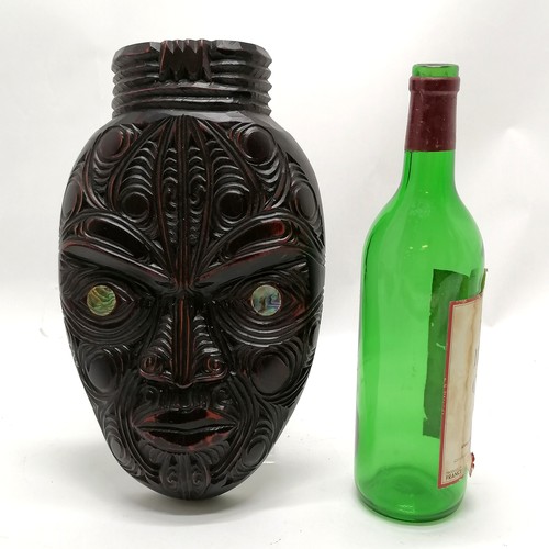 229 - New Zealand Maori carved tōtara wood mask with Tā moko decoration and abalone shell eyes signed BCH ... 