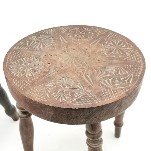 234 - 2 x antique folk art stools - largest with chip carved top 26cm diameter x 30cm high