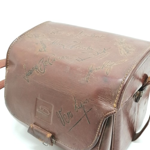 250 - Vintage leather camera case with multiple celebrity signatures inc hand signed Acker Bilk - 19cm x 2... 