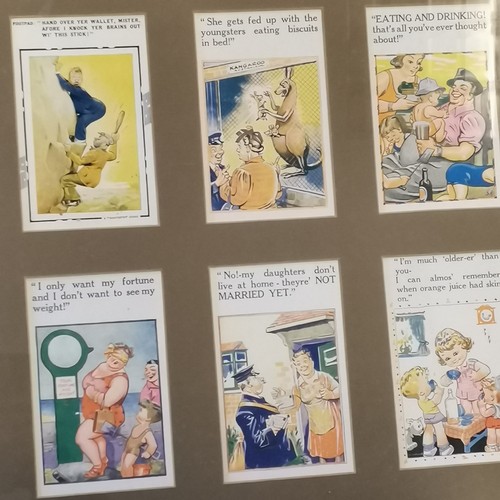 257 - 3 x framed displays of comic / seaside humour postcards - frame 43cm x 55cm ~ 1 card detached