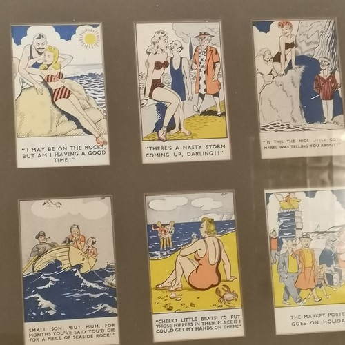 257 - 3 x framed displays of comic / seaside humour postcards - frame 43cm x 55cm ~ 1 card detached