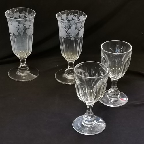 258 - Antique pair of vases with grape vine engraved detail (21cm) t/w pair of antique moulded glass rumme... 