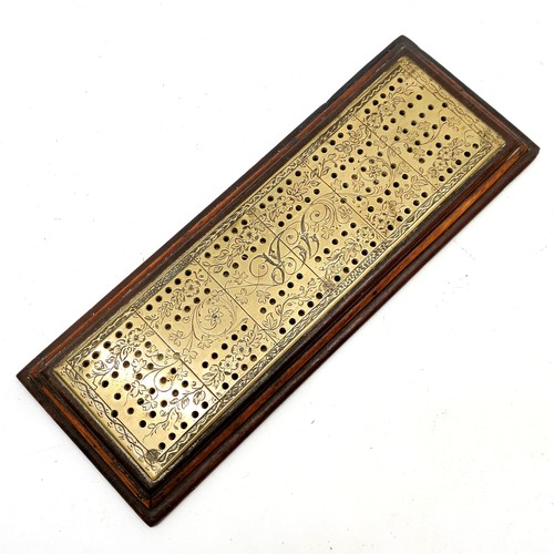 261 - Chad Valley complete folding games box with wooden pieces, antique cribbage board with brass punched... 