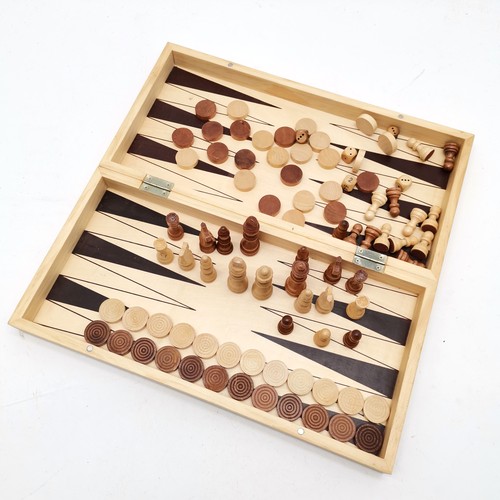 261 - Chad Valley complete folding games box with wooden pieces, antique cribbage board with brass punched... 