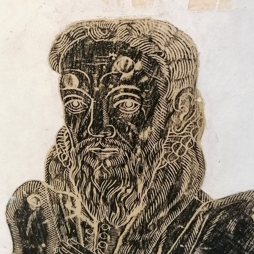 278 - Large print of brass rubbing mounted on board of c.1591 Roger James (brewer) from All Hallows-by-the... 