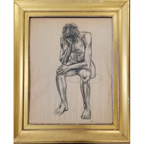 280 - Original charcoal drawing on paper of a seated nude - frame 74cm x 62cm