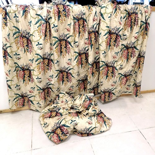 288 - Pair of floral patterned interlined curtains with cream background - 180cm wide x 136cm drop EACH ~ ... 