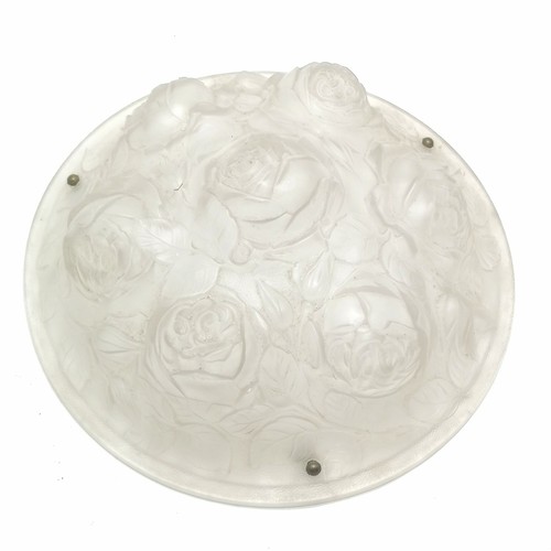 291 - French Lalique style plafonnier light shade in frosted glass with rose design - 35cm diameter with n... 