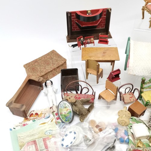 294 - Qty of dolls house furniture, Airfix Afrika Korps, vintage monkey, pin dolls, textiles etc