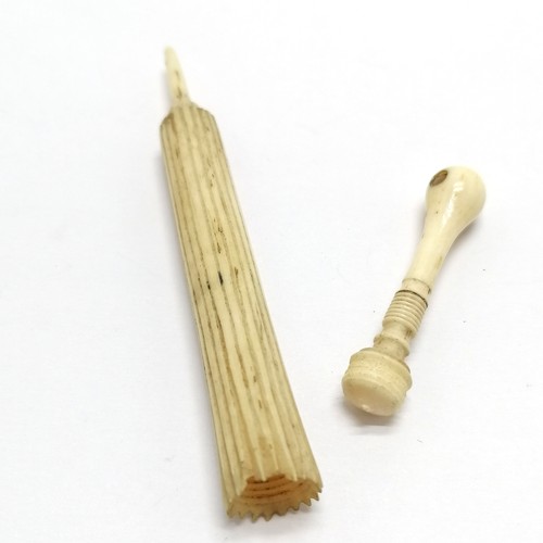 308 - Antique stanhope hand carved bone parasol needle case with 'a memory of Largs' stanhope ~ 11cm long ... 