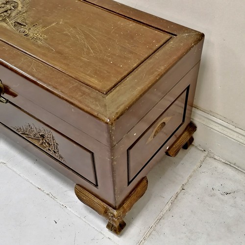 325 - Oriental camphor chest with carved detail terminating on 4 feet - 94cm x 46cm x 53cm high ~ has obvi... 