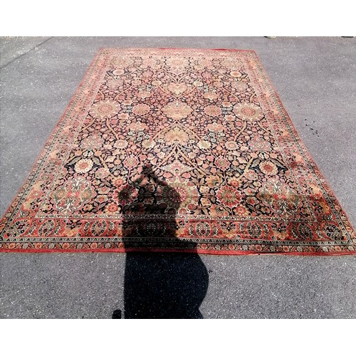 329 - Large wool floral patterned carpet 406cm x 318cm - slight moth damage but otherwise in good used con... 