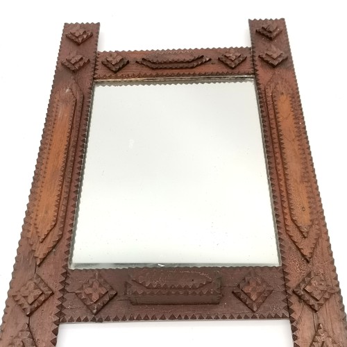 337 - Antique tramp art wall mirror with small receptacle - 63cm high x 29cm - a/f