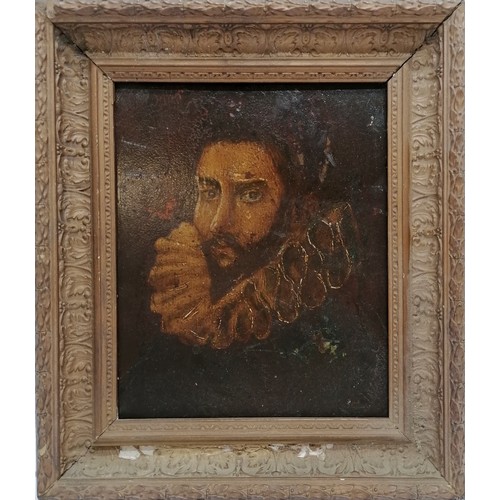 338 - Original antique painting on panel of an Elizabethan gentleman in a gilded frame (panel loose) frame... 