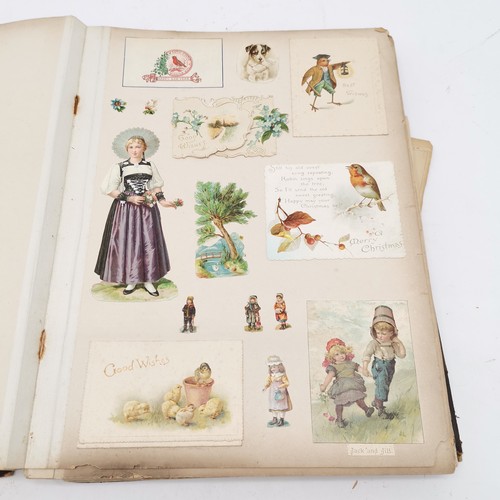 358 - Antique scrap book containing scraps, photos, prints etc ~ binding a/f