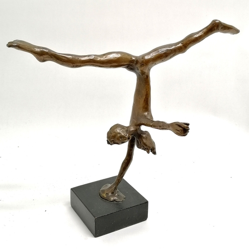 362 - Modernist contemporary bronze sculpture of a nude 2 headed female in handstand pose on a square wood... 