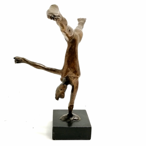 362 - Modernist contemporary bronze sculpture of a nude 2 headed female in handstand pose on a square wood... 