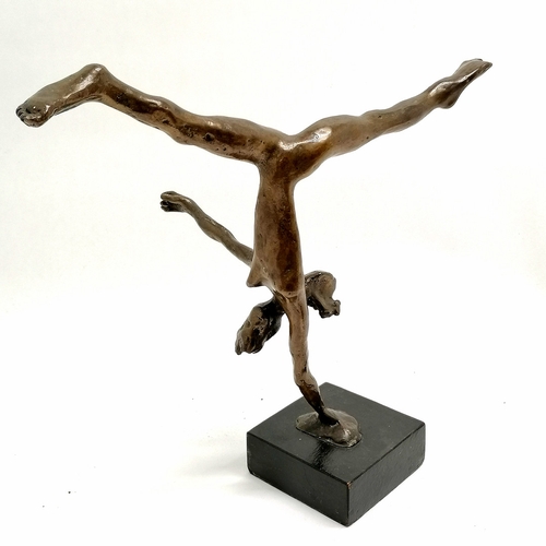 362 - Modernist contemporary bronze sculpture of a nude 2 headed female in handstand pose on a square wood... 