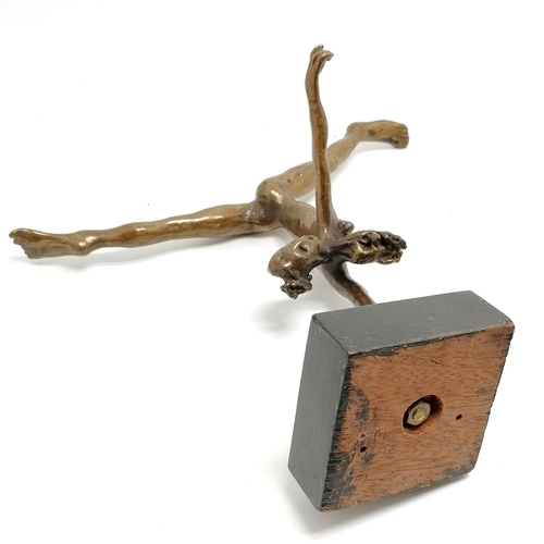 362 - Modernist contemporary bronze sculpture of a nude 2 headed female in handstand pose on a square wood... 