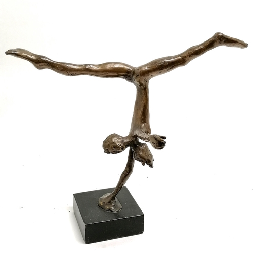 362 - Modernist contemporary bronze sculpture of a nude 2 headed female in handstand pose on a square wood... 