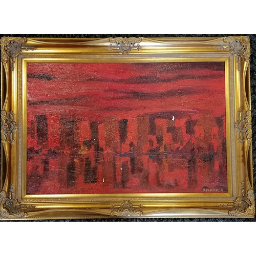 363 - 1971 P Plumley Abstract painting in red & black oil on board - frame 103cm x 82cm ~ some paint losse... 