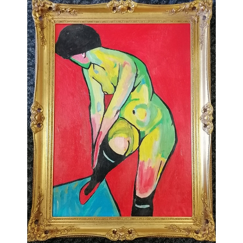 366 - Unknown artist - painting of a nude female dressing oil on board framed 85cm x 64cm