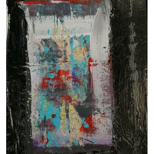 367 - Terence Robert Wood abstract mixed media painting on board (oil painting on a map) - frame 51cm x 41... 