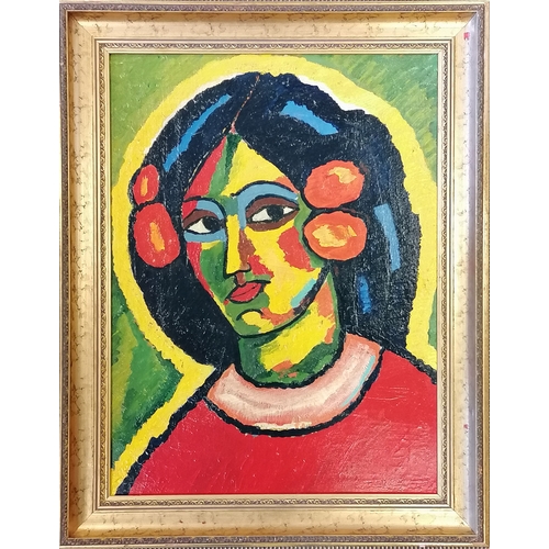 368 - Unknown artist - portrait of woman in oranges and reds oil on canvas framed 75cm x 60cm