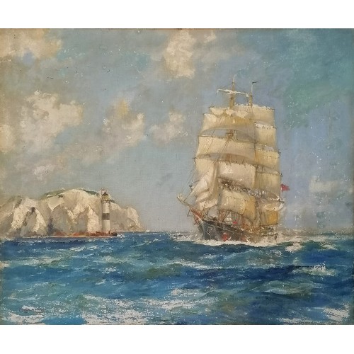 374 - Frank Henry Mason (1875-1965) signed oil painting on canvas of a sailing ship near to shore with a l... 