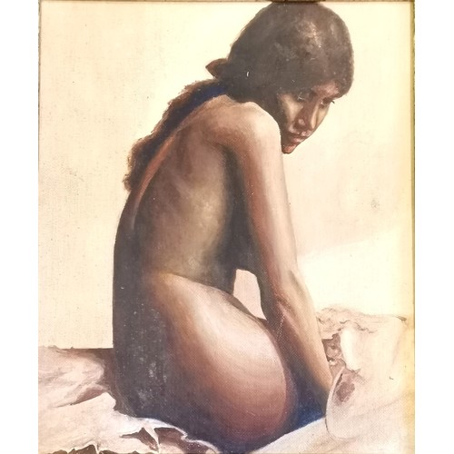 375 - Unsigned oil on board painting of a pensive female nude - frame 36.5cm x 31.5cm ~ slight loss to fra... 