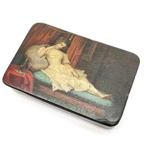 377 - Antique continental papier mache box with reclining female figure to lid entitled 'Elle attend!' & i... 