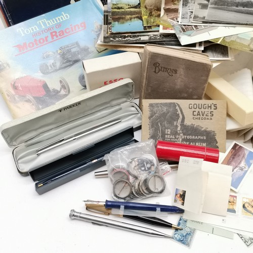 384 - Qty of postcards, stamps (inc FV £22), teacards, cigarette cards, pens etc