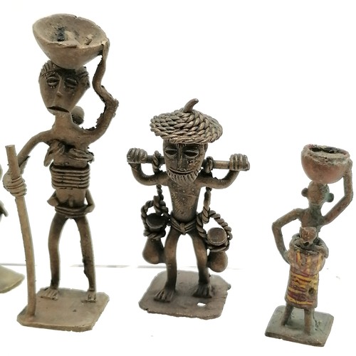 397 - Qty of tribal inc Ashanti gold weights, 3 trade bangles & benin style figures - tallest 12cm