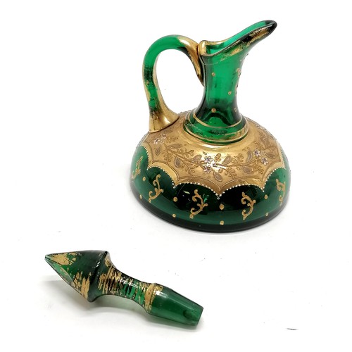 488 - Antique Bohemian green glass oil / vinegar bottle with gilded decoration - 11.5cm high - some losses... 