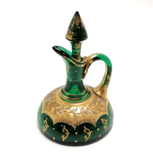 488 - Antique Bohemian green glass oil / vinegar bottle with gilded decoration - 11.5cm high - some losses... 