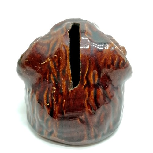 489 - Antique stoneware treacle glaze rams head moneybox - 7cm high ~ graze to 1 horn otherwise no obvious... 