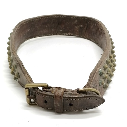 491 - Vintage leather & brass studded dog collar with nameplate for Misty - total length 61cm