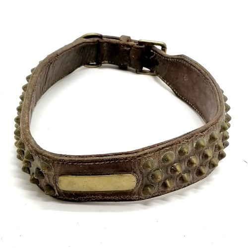 491 - Vintage leather & brass studded dog collar with nameplate for Misty - total length 61cm