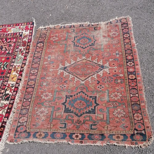 236 - 2 x hand woven carpets / rugs ~ smallest 130cm x 104cm - both in worn used condition with some losse... 