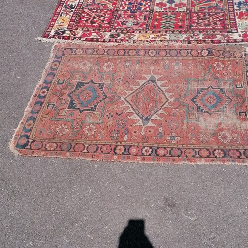 236 - 2 x hand woven carpets / rugs ~ smallest 130cm x 104cm - both in worn used condition with some losse... 