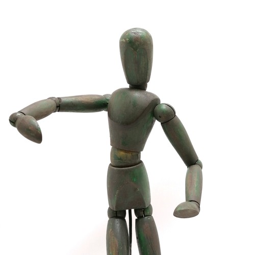 6 - Vintage artists wooden mannequin with green paint finish on turned wooden base - 56cm high & base 32... 